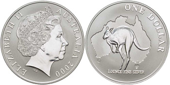 Австралия 1 доллар 2000 кенгуру на фоне карты Австралии KM 490.1 серебро  UNC  00-00