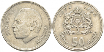 Марокко 50 сантимов 1974 АН 1394, Аль Хассан II (1962-1999) KM 62 медно-никель 112-546