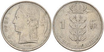Бельгия 1 франк 1951 BELGIQUE KM 142 медно-никель 4142-446
