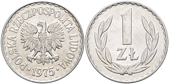ПОЛЬША 1 ЗЛОТЫЙ 1975 MW KM 49.1, Parchimowicz 213l алюминий UNC 216-825