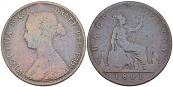 Великобритания 1/2 пенни 1861 Виктория (1837-1901) KM 748.2, Spink 3956 бронза 4543-1136