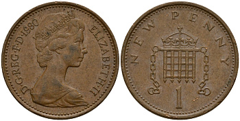 Великобритания 1 пенни 1980 Елизавета II (1952-2022) KM 915, Spink 4237 (B1) бронза 4154-967