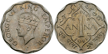 Британская Индия 1 анна 1941 Георг VI (1936-1952) KM 537 медно-никель UNC 94-455