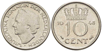 Нидерланды 10 центов 1948 Вильгельмина (1895-1948) KM 177 никель 214-1129
