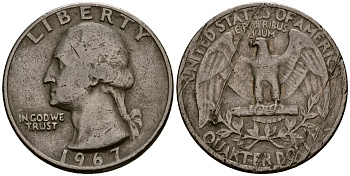 США 25 центов (квотер) 1967 Вашингтон KM 164a медь плакированная медно-никелем 4177-736
