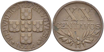 ПОРТУГАЛИЯ 20 СЕНТАВО 1944 KM 584 бронза 4391-343