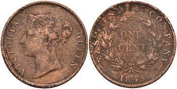 Стрейтс-Сетлментс 1 цент 1845 Виктория (1837-1901), Ост-Индская компания KM 3 медь 4590-213