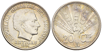 Уругвай 20 сентесимо 1954 Хосе Хервасио Артигас KM 36 серебро UNC 4609-668