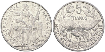 Французская Новая Каледония 5 франков 2012 птица кагу, (IEOM) KM 16, Schoen 12, Lec 81k алюминий 4111-1142