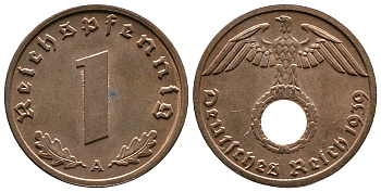 Германия 1 рейхспфенниг 1939 A KM 89, J. 361 бронза    220-364