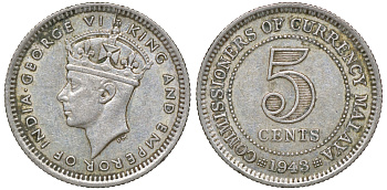 Британская Малайя 5 центов 1943 Георг VI (1937-1952) KM 3a серебро 53-137