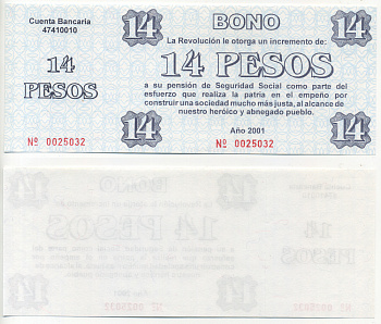 Куба талон на 14 песо 2001 увеличение фонда социальной защиты для пенсионеров и ветеранов революции, с корешком   бумага  UNC (пресс) 00-00