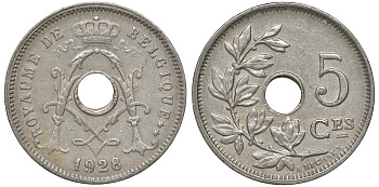 БЕЛЬГИЯ 5 САНТИМОВ 1928 BELGIQUE KM 66 медно-никель 72-1659