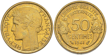 ФРАНЦИЯ 50 САНТИМОВ 1941 ТИП MORLON KM 894.1, LE FRANC 192.18 алюминиевая бронза 44-427