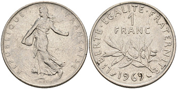 ФРАНЦИЯ 1 ФРАНК 1969 СЕЯТЕЛЬ KM 925.1, LE FRANC 226.14 никель 4573-1024