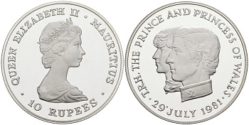 Маврикий 10 рупий 1981 королевская свадьба принца Чарльза и леди Дианы, 29 июля 1981, тираж 2090 экз. KM 46а серебро PROOF 00-00