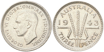 Австралия 3 пенса 1943 Георг V (1936-1952) KM 37 серебро 4621-1158