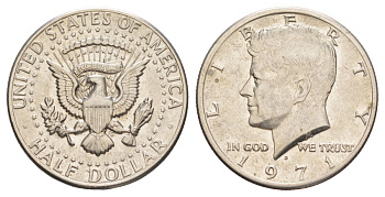 США 1/2 доллара (50 центов) 1971 D, Джон Кеннеди KM 202b медь плакированная медно-никелем aUNC 215-1231