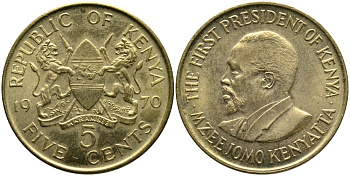 Кения 5 центов 1970 Джомо Кениата KM 10 никель латунь 4529-943