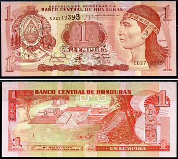 Гондурас 1 лемпира 1997 Индейский вождь Лемпира, руины древних Майя Pick 79A бумага UNC (пресс) 6283-11-4-1