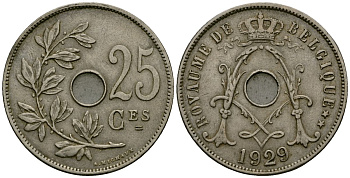 Бельгия 25 сантимов 1929 Belgique KM 68 медно-никель 4165-615