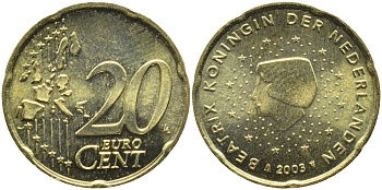 Нидерланды 20 евроцентов 2003 Беатрикс (1980-2013) KM 238 латунь UNC 08-1012