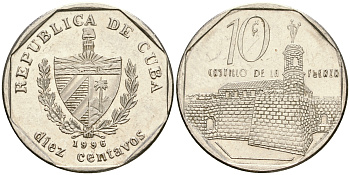Куба 10 сентаво 1996 форт в Гаване Ла-Фуэрса KM 576.2 сталь плакированная никелем 4364-1537