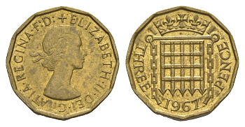 Великобритания 3 пенса 1967 Елизавета II (1952-2022) KM 900, Spink 4153 никель латунь 4153-1136