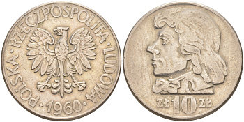 ПОЛЬША 10 ЗЛОТЫХ 1960 КОСТЮШКО KM 50 медно-никель 4111-232