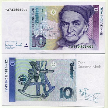 ФРГ 10 марок 1993 серия YА замещённая, 1 октября 1993, Карл Фридрих Гаусс, signatures: Tietmeyer & Gaddum Pick 38 c, Розенберг 303 b бумага UNC (пресс) 450-35-3