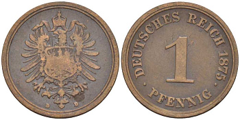 ГЕРМАНИЯ 1 ПФЕННИГ 1875 D, СТАРОГЕРБОВКА KM 1, J. 1, Weege 1 медь 206-1035