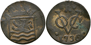 Нидерландская Ост-Индия 1 дуит 1736 Зеландия (Zeeland) KM# 152.2 медь 4573-1137