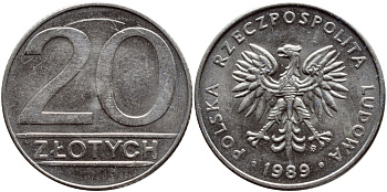 ПОЛЬША 20 ЗЛОТЫХ 1989 MW KM 153.2 медно-никель 4390-615