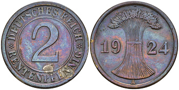 Германия 2 рентенпфеннига 1924 A KM 31, J. 307 бронза 4147-1239
