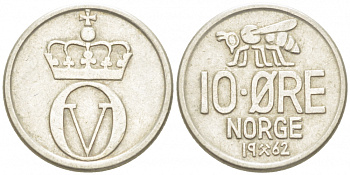 НОРВЕГИЯ 10 ЭРЕ 1962 КМ 411 медно-никель 3955-267