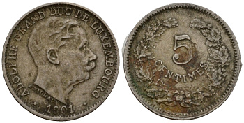 Люксембург 5 сантимов 1901 герцог Адольф (1890-1905) KM 24 медно-никель 4602-329
