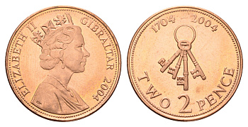 Гибралтар 2 пенса 2006 300 лет захвату Гибралтара KM 1044 сталь плакированная медью UNC 4119-353