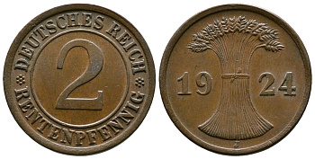 ГЕРМАНИЯ 2 РЕНТЕНПФЕННИГА 1924 J KM 31, J.307 бронза 93-635