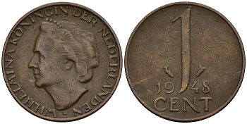 Нидерланды 1 цент 1948 Вильгельмина I (1890-1948) KM 107 бронза 4164-237