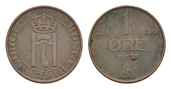 Норвегия 1 эре 1938 Хокон VII (1905-1957) KM 367 бронза 4632-1049