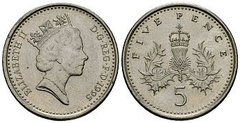 Великобритания 5 пенсов 1995 Елизавета II (1952-2022) KM 937b, Spink 4372 (D4) медно-никель 4173-757