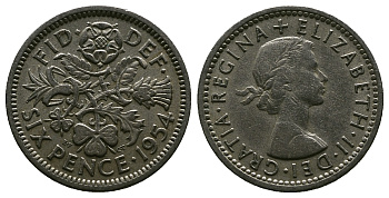 Великобритания 6 пенсов 1954 Елизавета II (1952-2022) KM 903, Spink 4149 медно-никель 4381-645