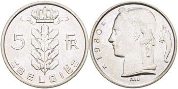 БЕЛЬГИЯ 5 ФРАНКОВ 1980 BELGIE, БОДУЭН I (1951-1993) KM 135.1 медно-никель 4364-1532