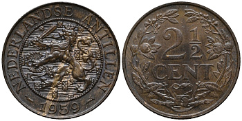 Нидерландские Антилы 2 1/2 цента 1959 Юлиана (1948-1980) KM 5 бронза 4579-855