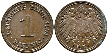 ГЕРМАНИЯ 1 ПФЕННИГ 1904 D KM 10, J. 10 медь 4387-314
