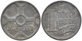 НИДЕРЛАНДЫ 1 ЦЕНТ 1942 ВИЛЬГЕЛЬМИНА I (1891-1948), ГЕРМАНСКАЯ ОККУПАЦИЯ, ВТОРАЯ МИРОВАЯ ВОЙНА KM 170 цинк 4532-1136