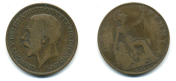 Великобритания 1 пенни 1917 Георг V (1910-1936) КМ 810, Spink 4051 бронза 4110-134