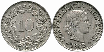 ШВЕЙЦАРИЯ 10 РАППЕНОВ 1942 B KM 27 медно-никель 100-744