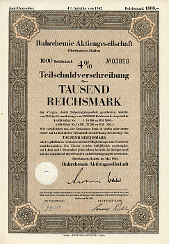 Германия 1000 рейхсмарок 1942 АО Рур-химия, Оберхаузен-Хольтен, 4 % облигация   бумага  8804-125-1