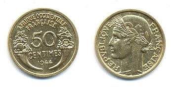 Французская Западная Африка 50 сантимов 1944 редкая KM 1, Lec 1 алюминиевая бронза aUNC 53-1127